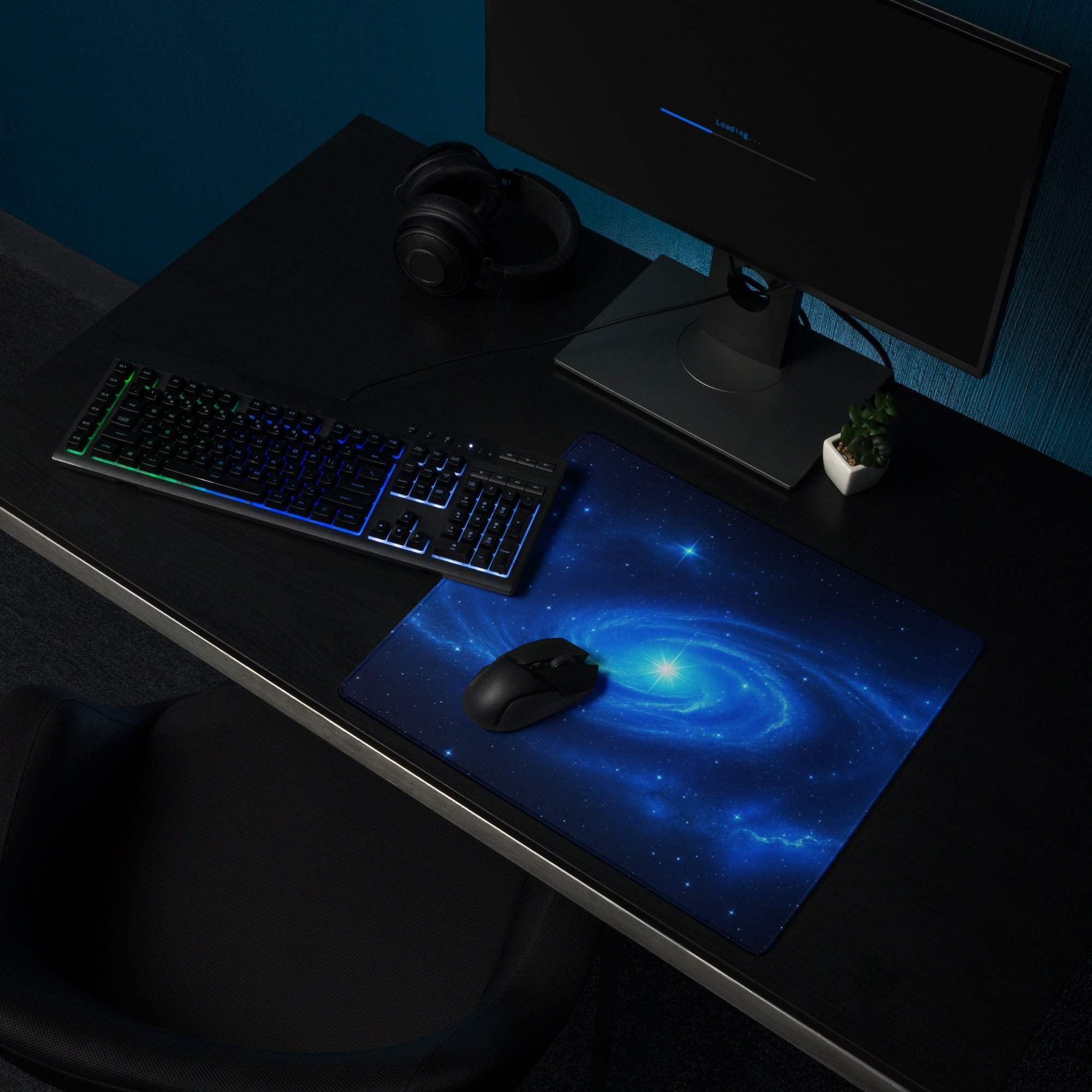 Sleek cosmic blue galaxy gaming mouse pad with nebula stars stitching non-slip base