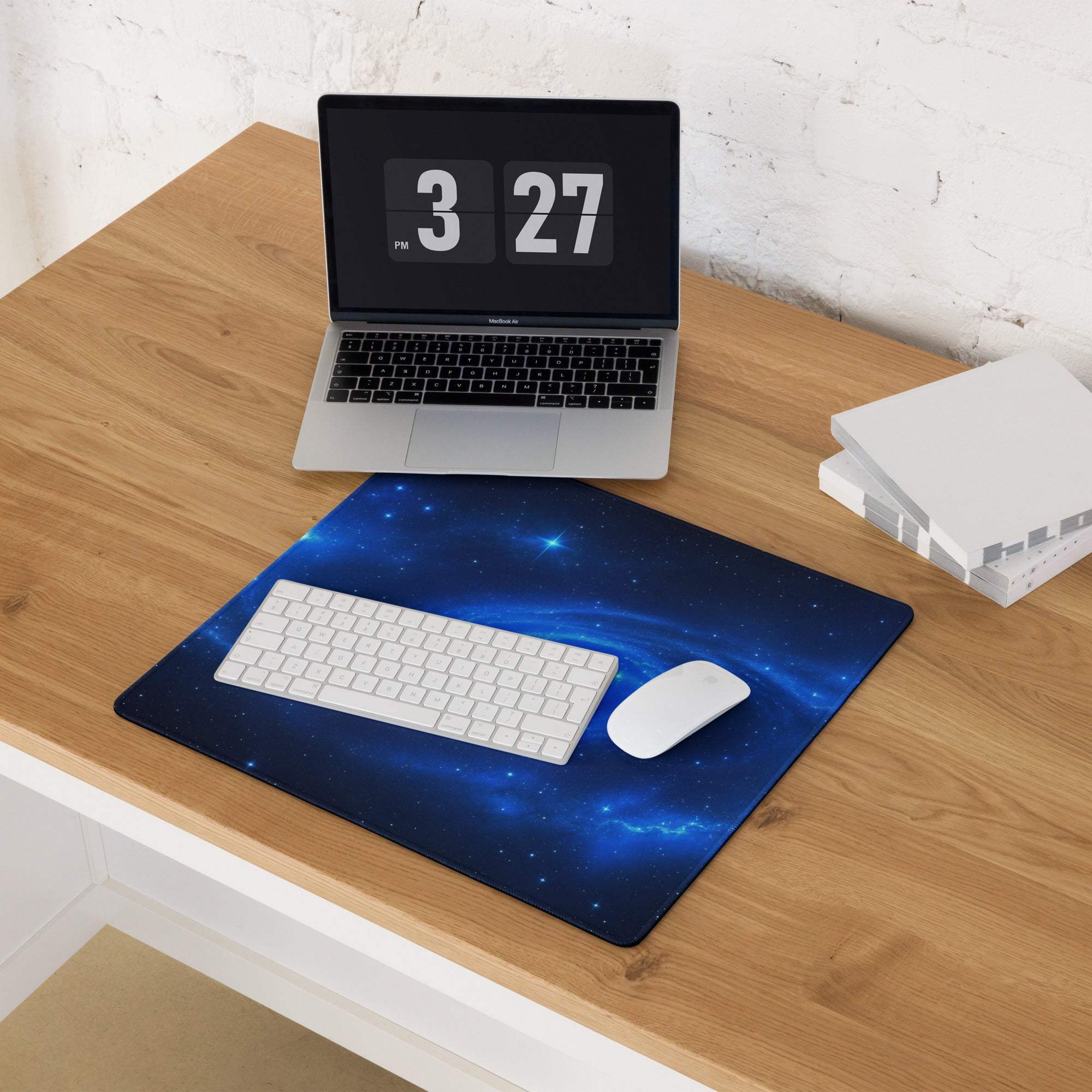 Sleek cosmic blue galaxy gaming mouse pad with nebula starfield design