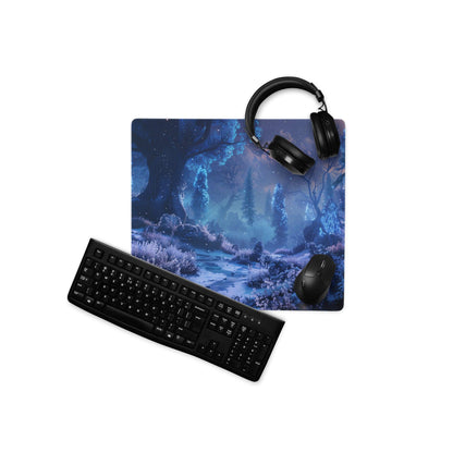 Blue Enchanted Night Forest mousepad with black keyboard and headphones
