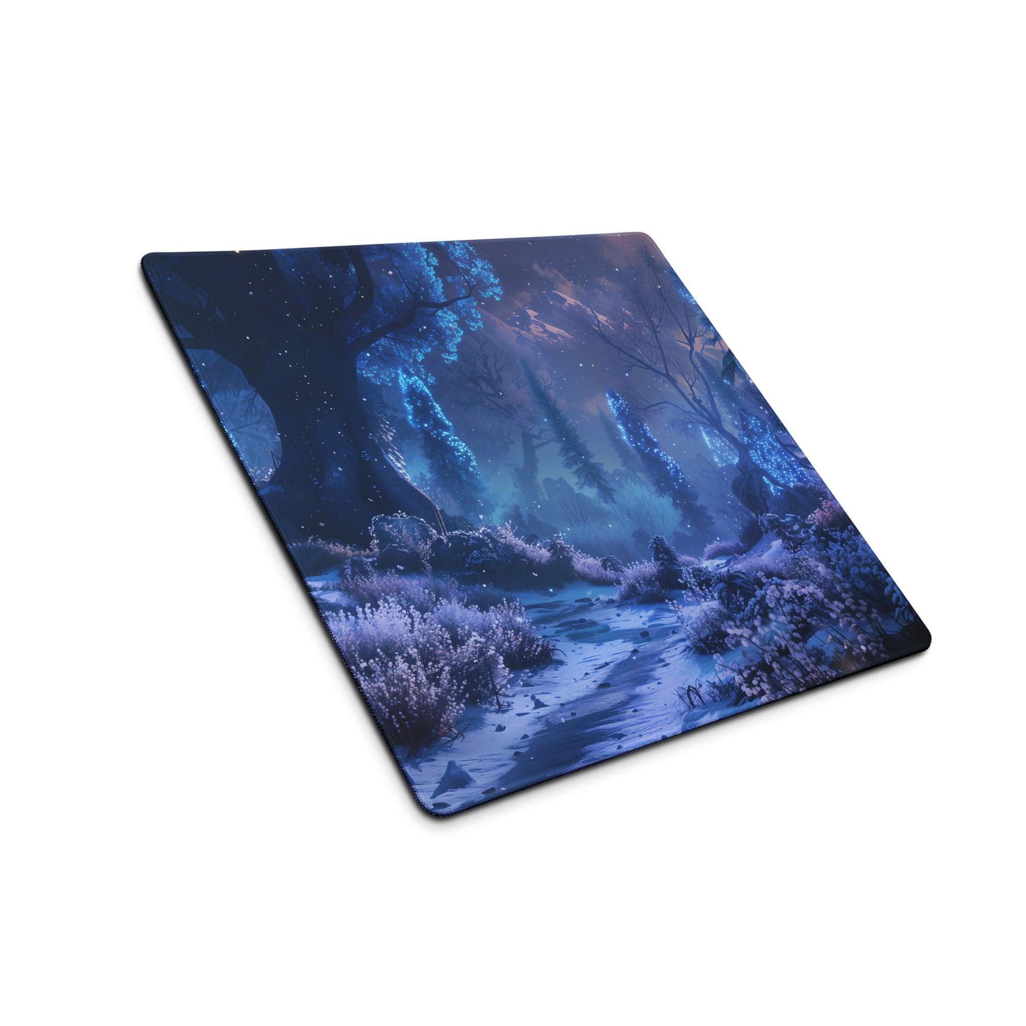 Large Enchanted Night Forest blue luminescence gaming mousepad with glowing trees