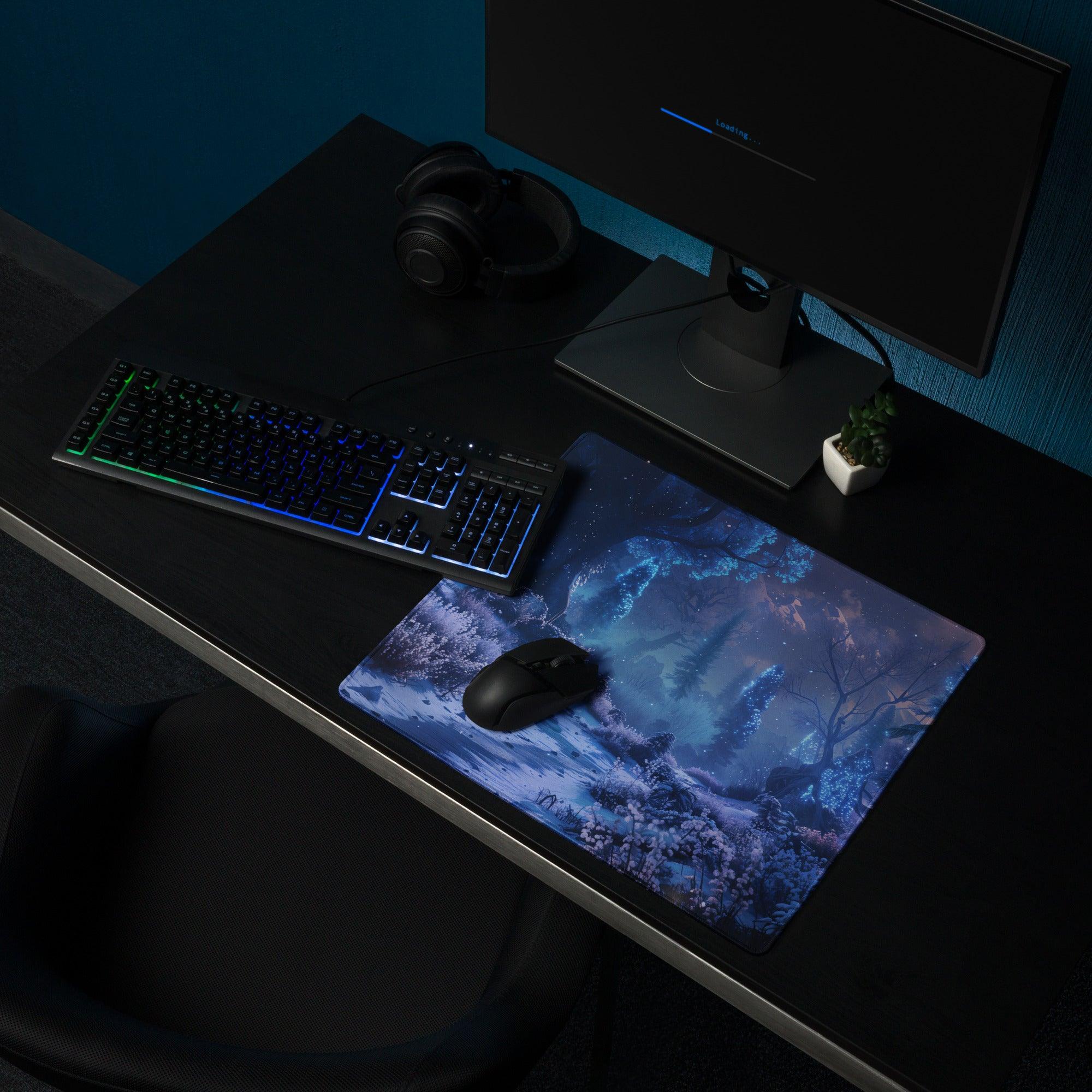 Blue Enchanted Night Forest mouse pad with glossy luminescence and edge stitch
