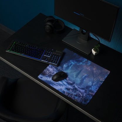 Blue Enchanted Night Forest mouse pad with glossy luminescence and edge stitch