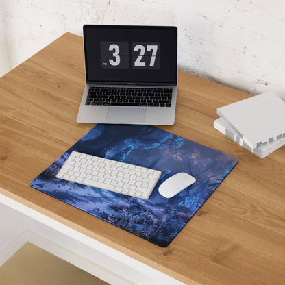 Enchanted Night Forest blue galaxy tree mousepad with keyboard and mouse