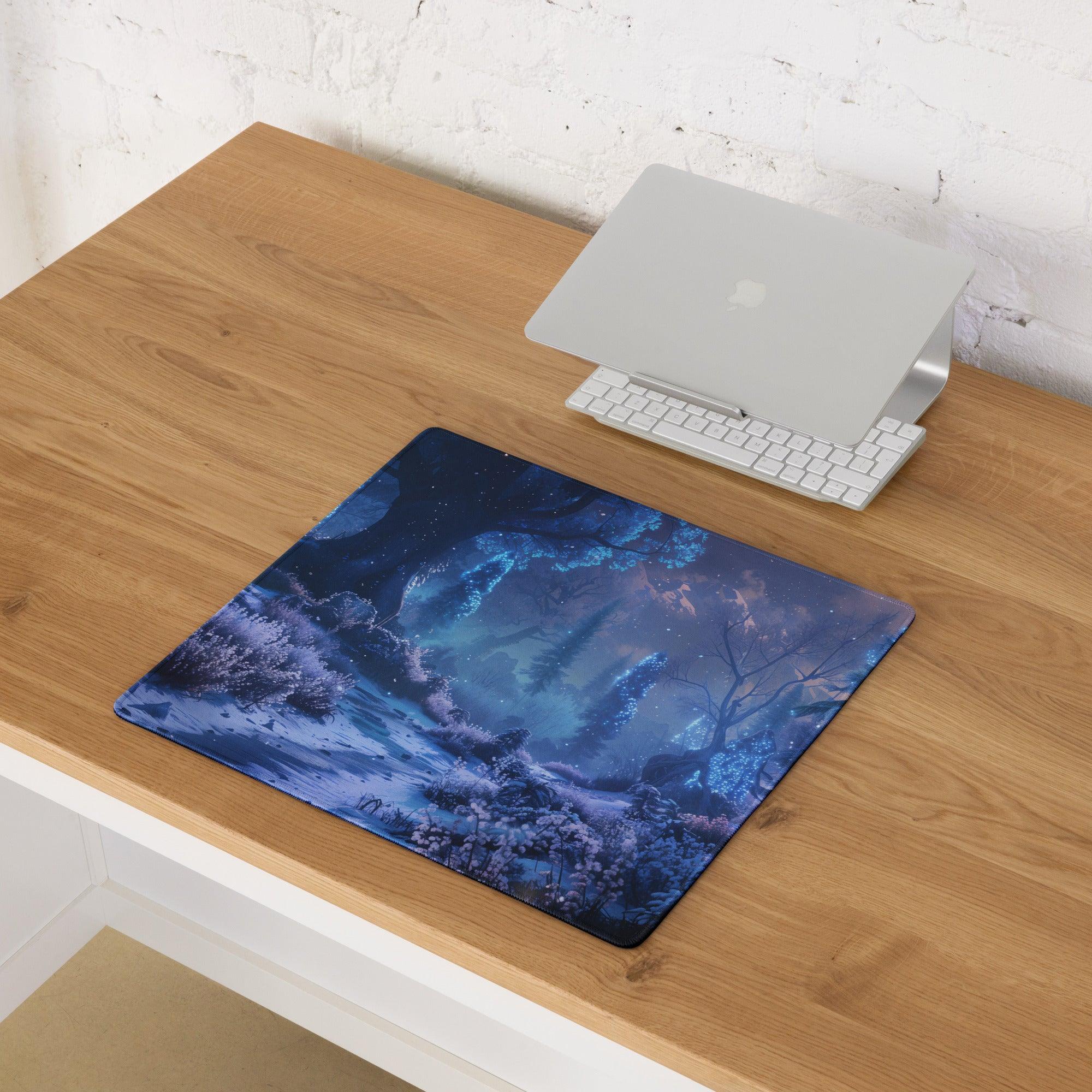 Blue Enchanted Night Forest mouse pad with glowing trees, stars, moonlit sky
