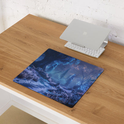 Blue Enchanted Night Forest mouse pad with glowing trees, stars, moonlit sky