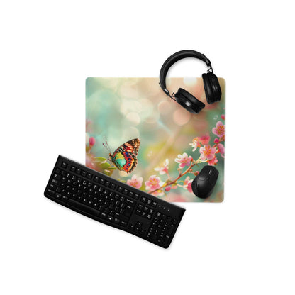 Pastel floral butterfly on blossom gaming mouse pad, large non-slip base