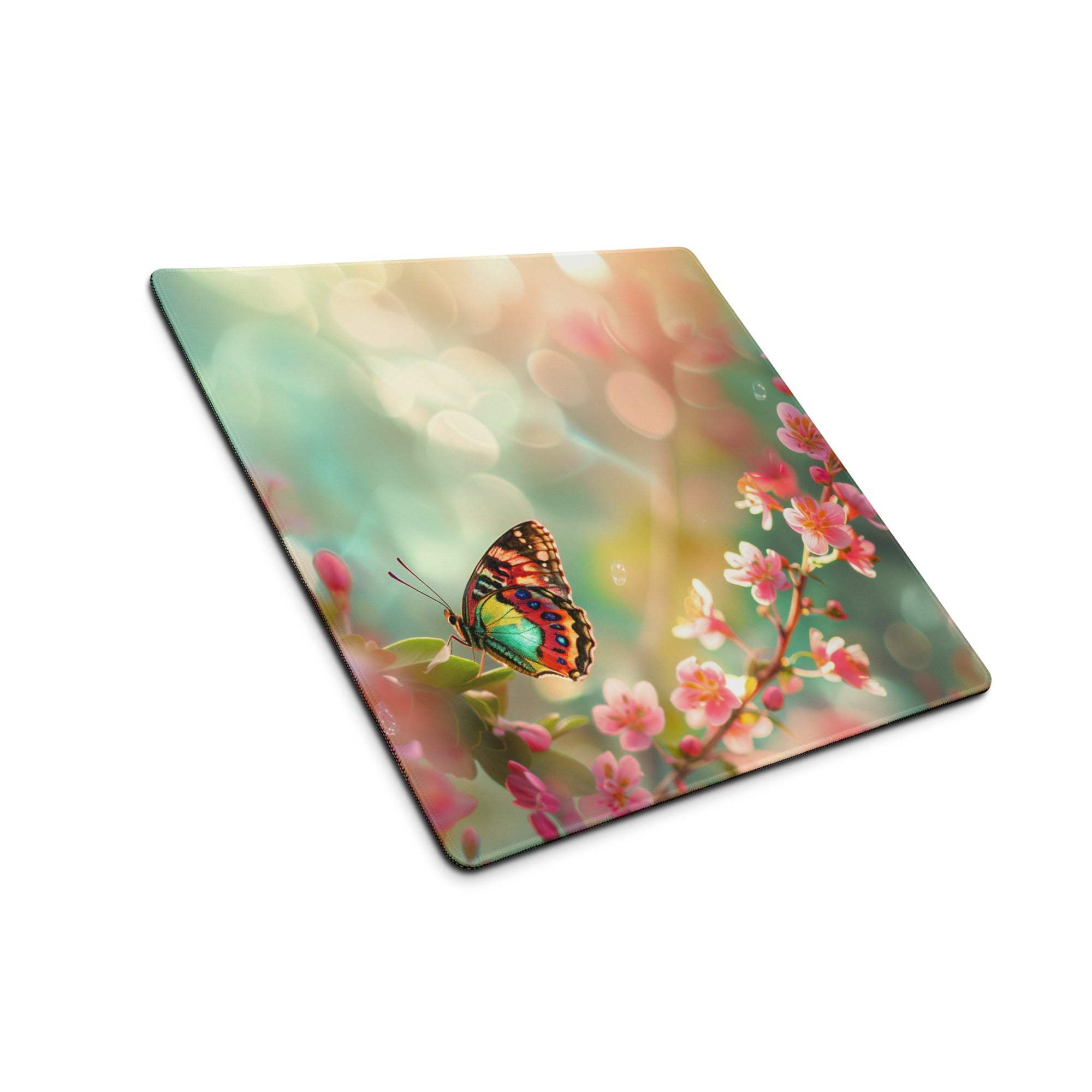 Pastel floral butterfly on blossom gaming mouse pad, large size, non-slip base