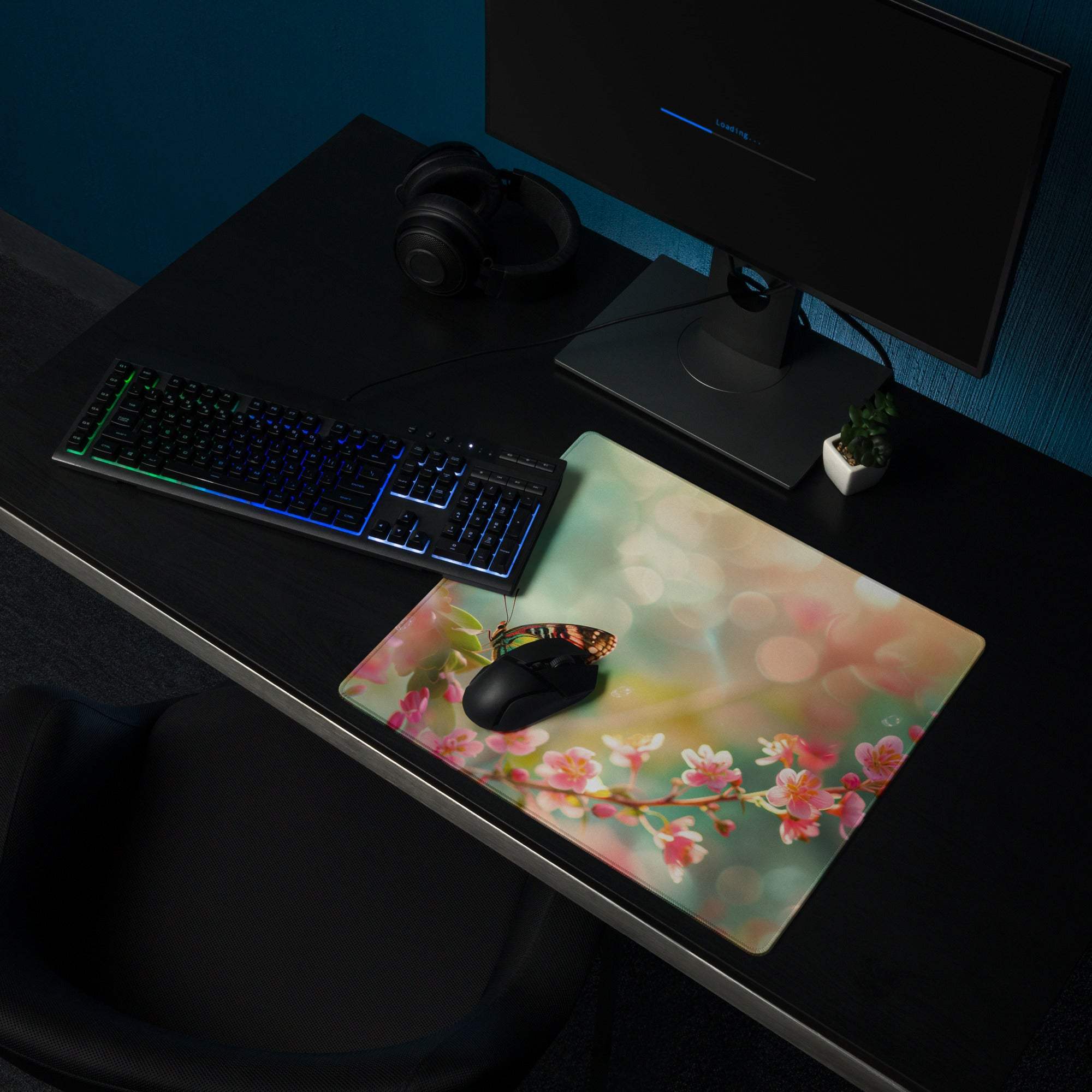 Pastel floral butterfly gaming mouse pad with pink blossoms, large size, non-slip base
