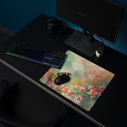 Pastel floral butterfly gaming mouse pad with pink blossoms, large size, non-slip base