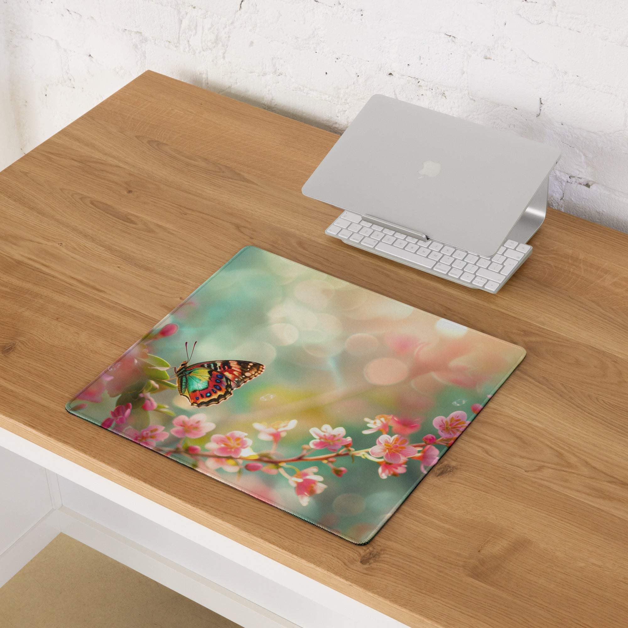 Pastel floral butterfly on blossom gaming mouse pad, large non-slip size