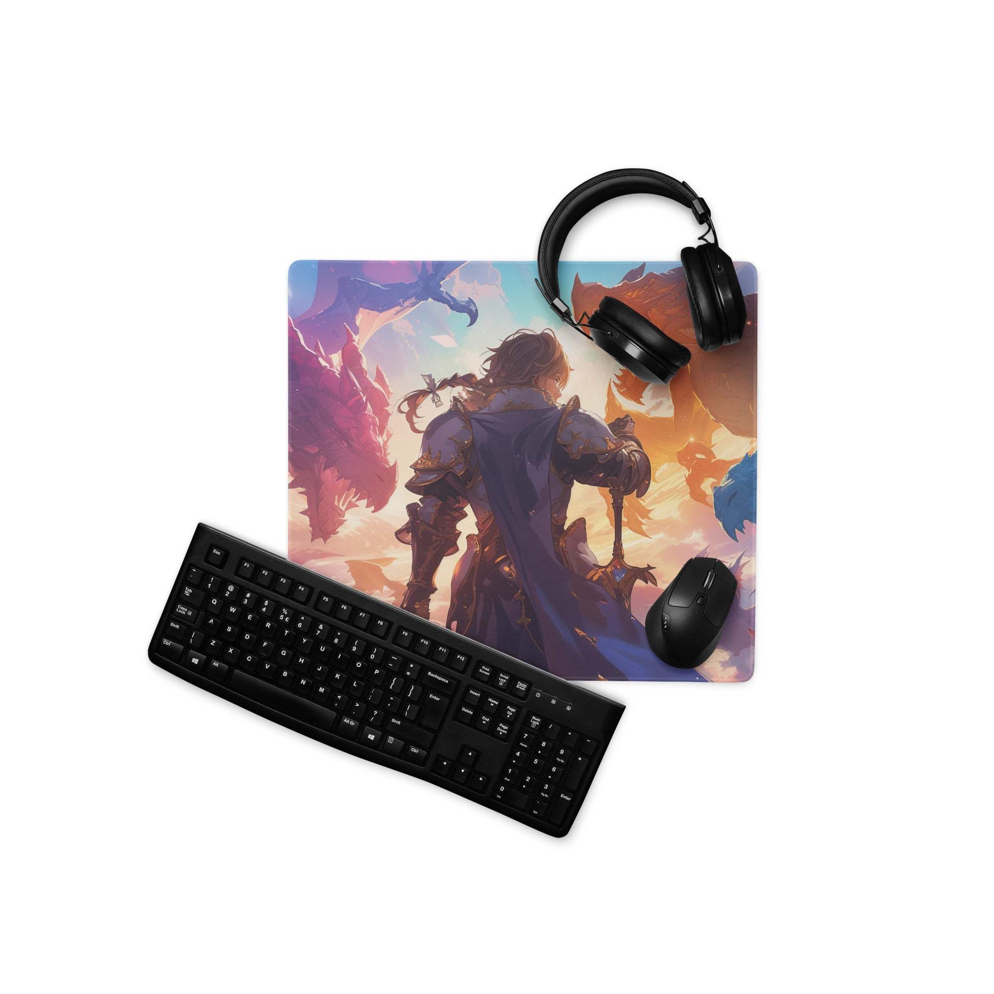Epic fantasy gaming mouse pad with knight battling dragons at sunset
