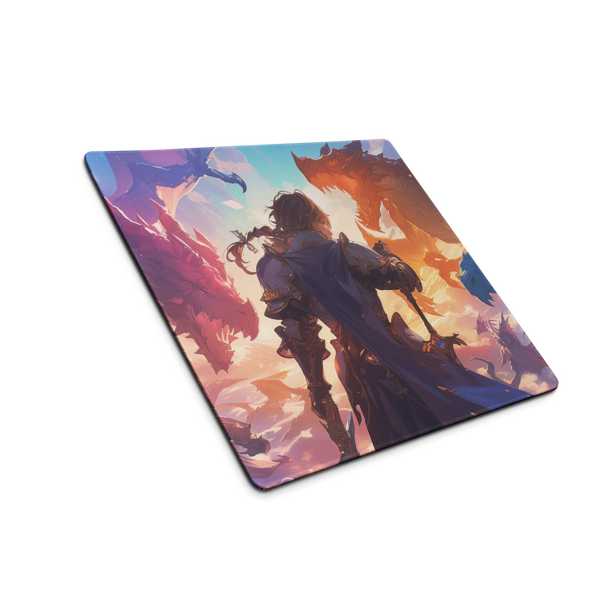 Epic fantasy dragons battle with knight gaming mouse pad, vibrant sunset