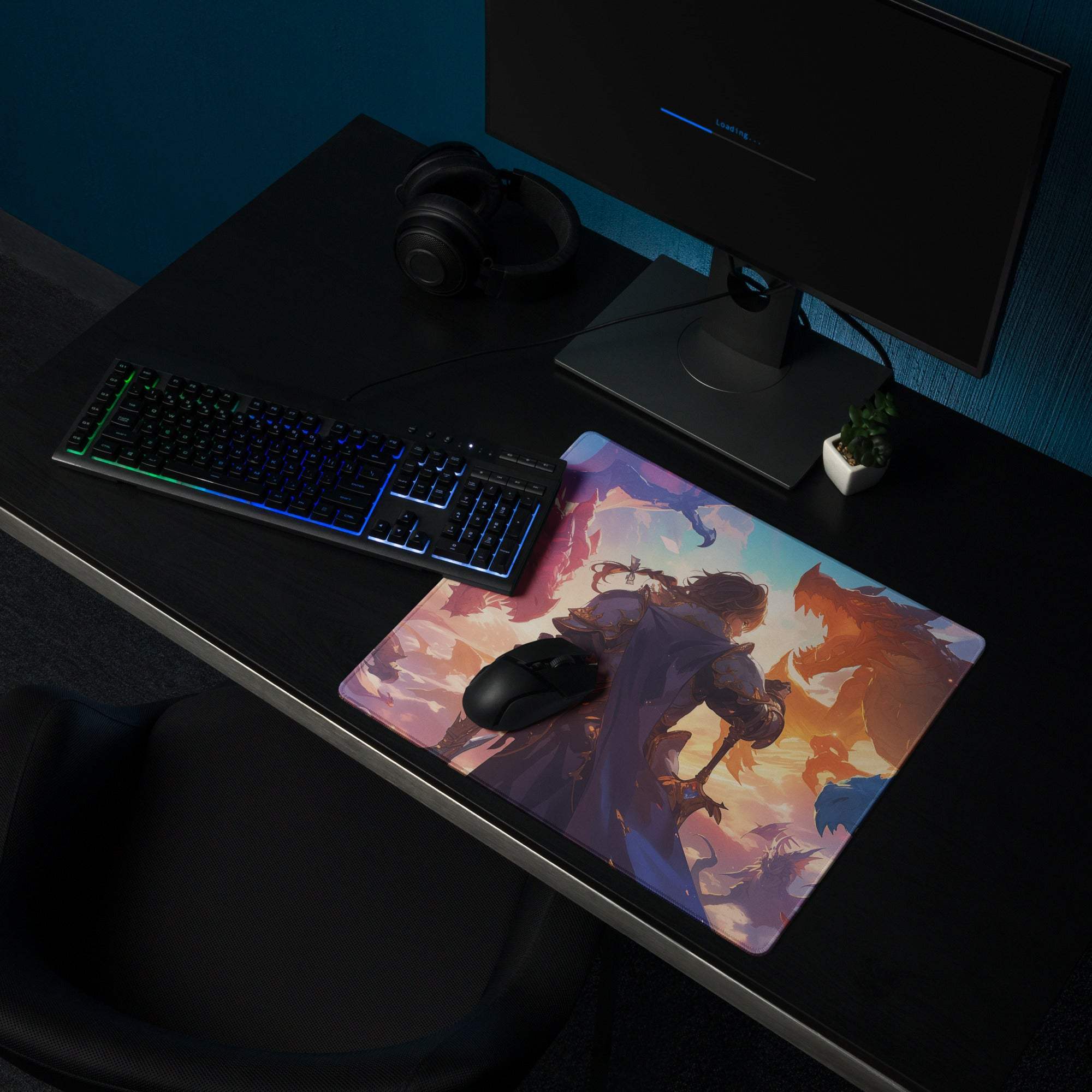 Epic fantasy knight battling dragons on vibrant sunset gaming mousepad