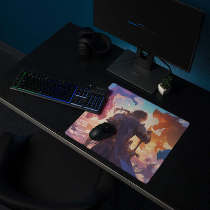 Epic fantasy knight battling dragons on vibrant sunset gaming mousepad