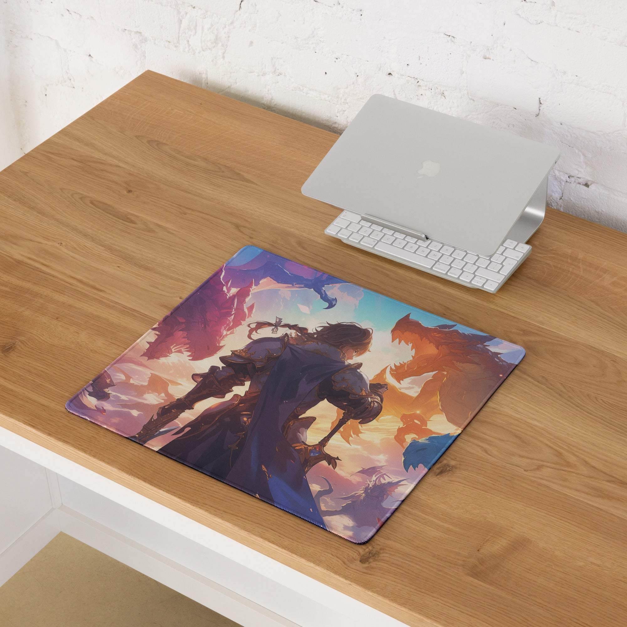 Epic fantasy dragons battle knight gaming mouse pad vibrant sunset colors