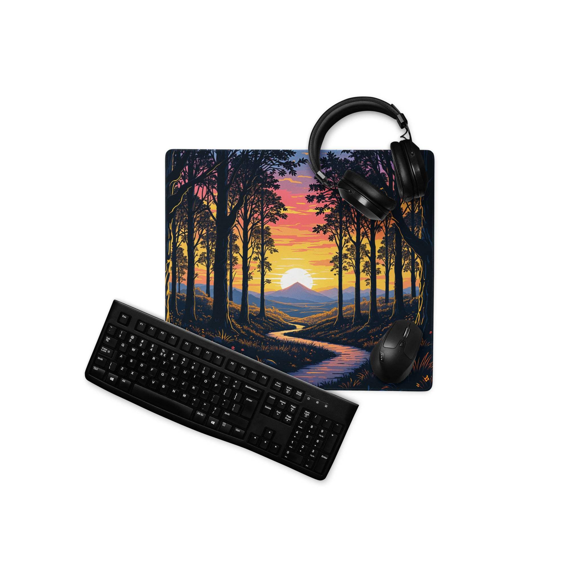 Black matte QWERTY keyboard on stylized forest sunset gaming mouse pad