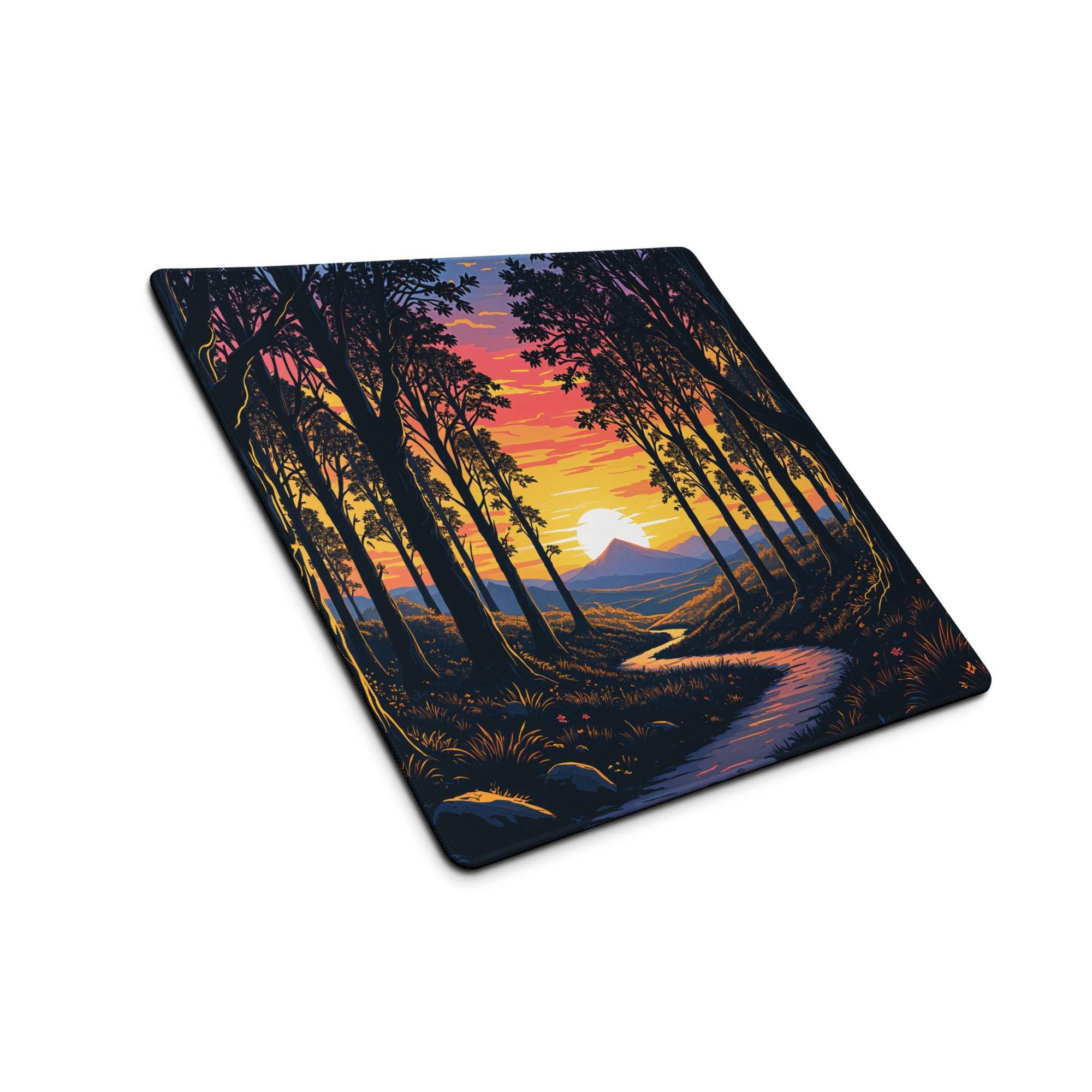 Large stylized forest sunset gaming mouse pad with non-slip base