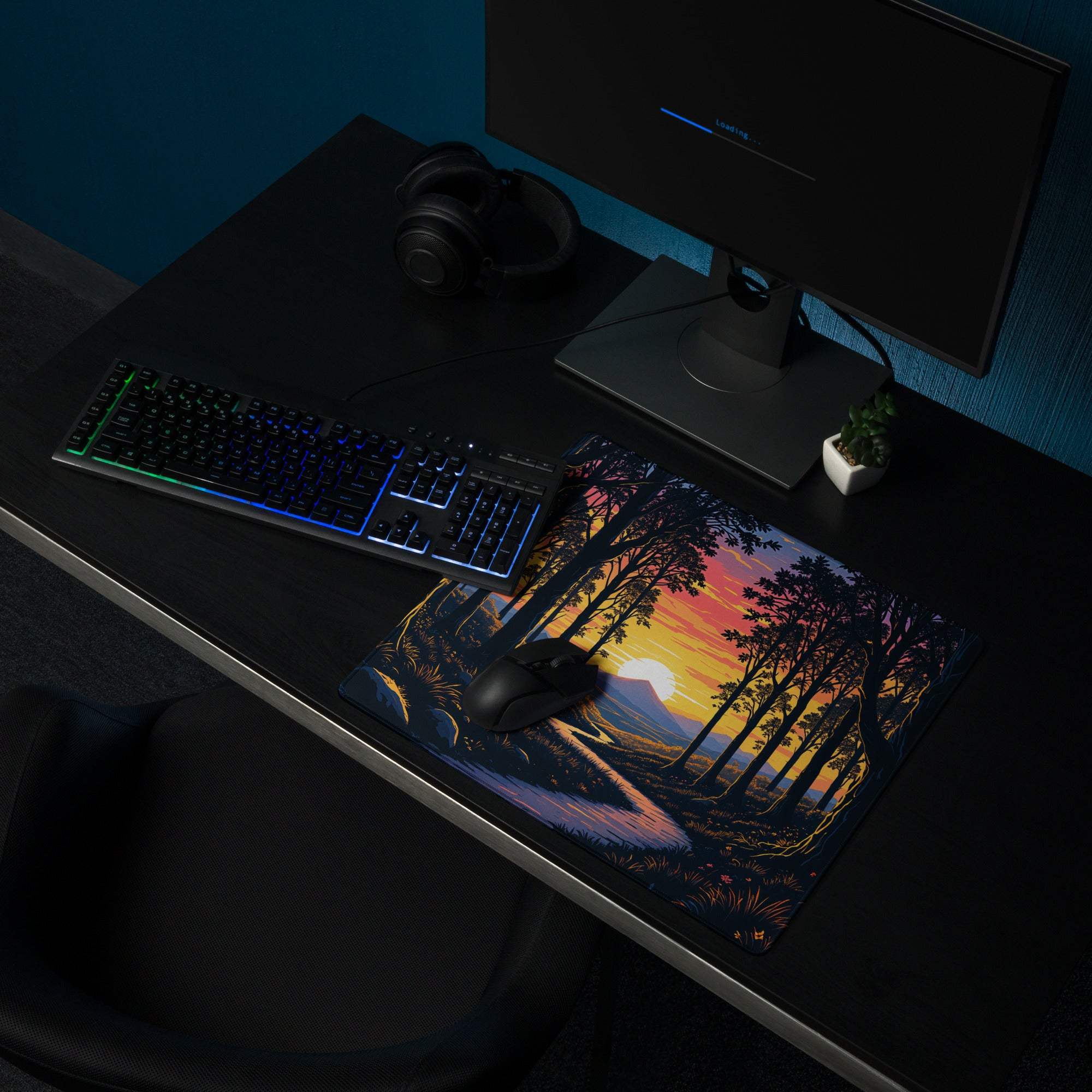 Large stylized forest sunset gaming mouse pad with non-slip base