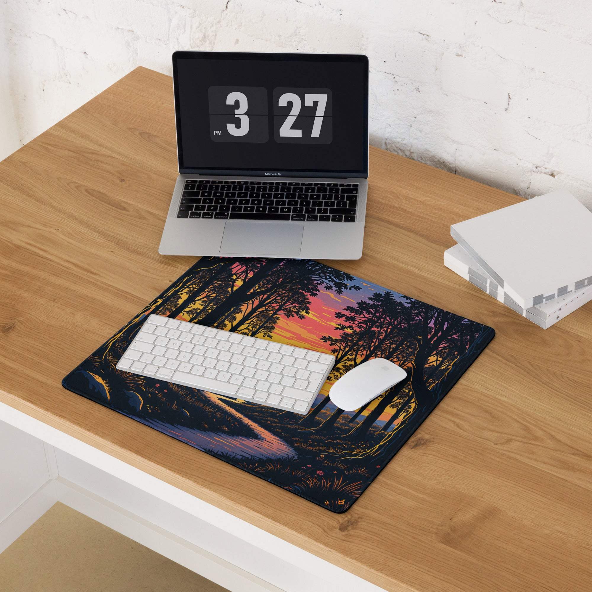 Stylized forest sunset gaming mouse pad with warm palette, glossy finish