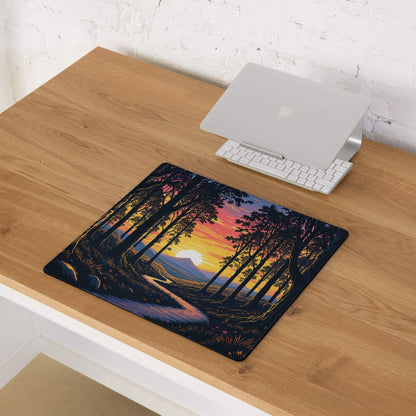 Stylized forest sunset gaming mouse pad with warm palette and non-slip base