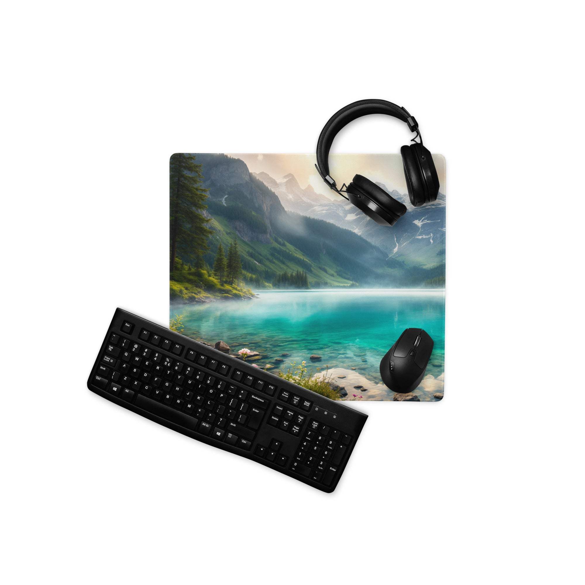 Black matte wireless QWERTY keyboard on turquoise lake gaming mouse pad