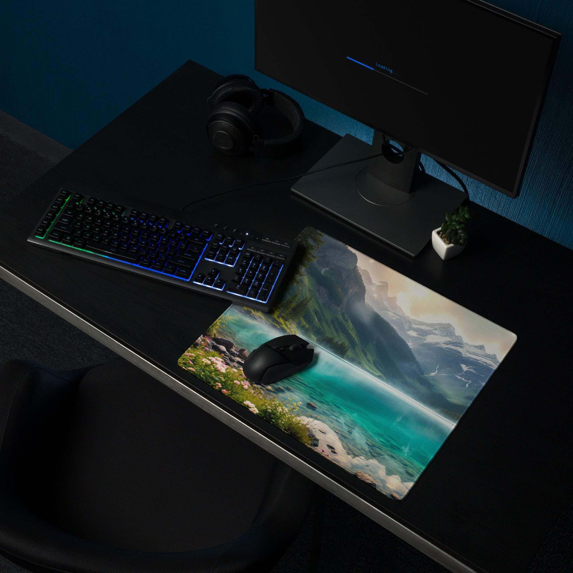 Premium edge-stitched turquoise lake landscape gaming mousepad