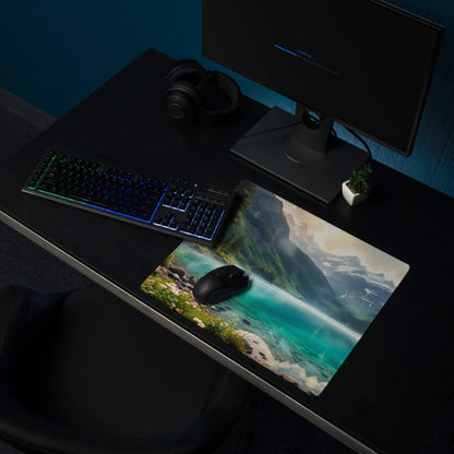 Premium edge-stitched turquoise lake landscape gaming mousepad