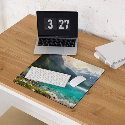 Premium edge-stitched turquoise lake landscape gaming mouse pad