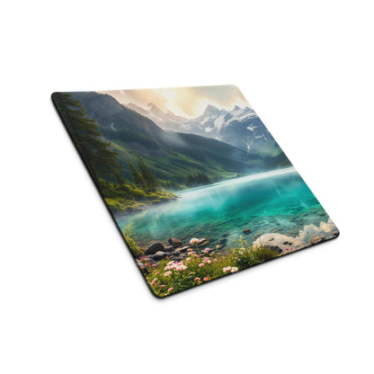Premium edge-stitched gaming mouse pad with turquoise lake, snowcapped peaks, pink flowers