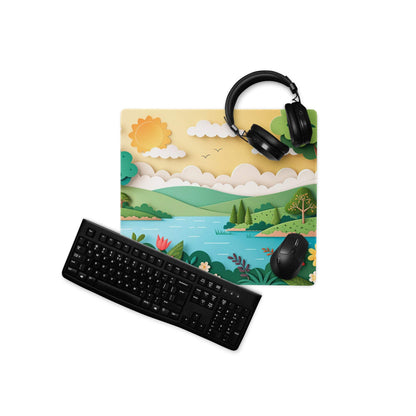 Vibrant nature scene large gaming mouse pad with layered paper-cut landscape