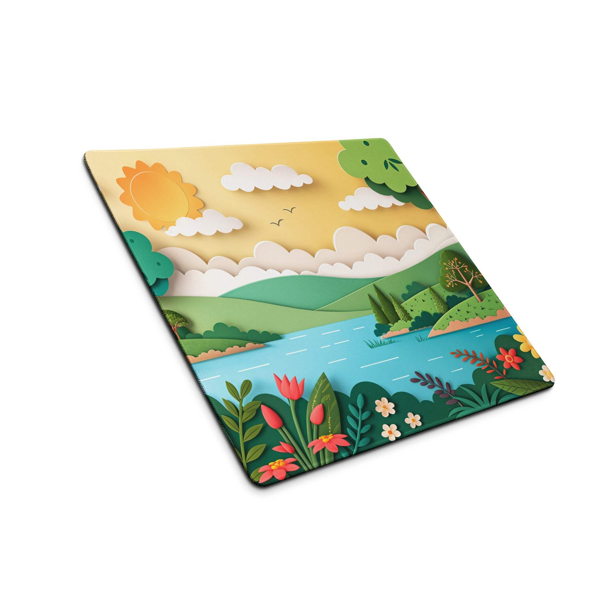 Square paper-cut landscape coaster with hills, water, flowers, sun on large gaming mouse pad