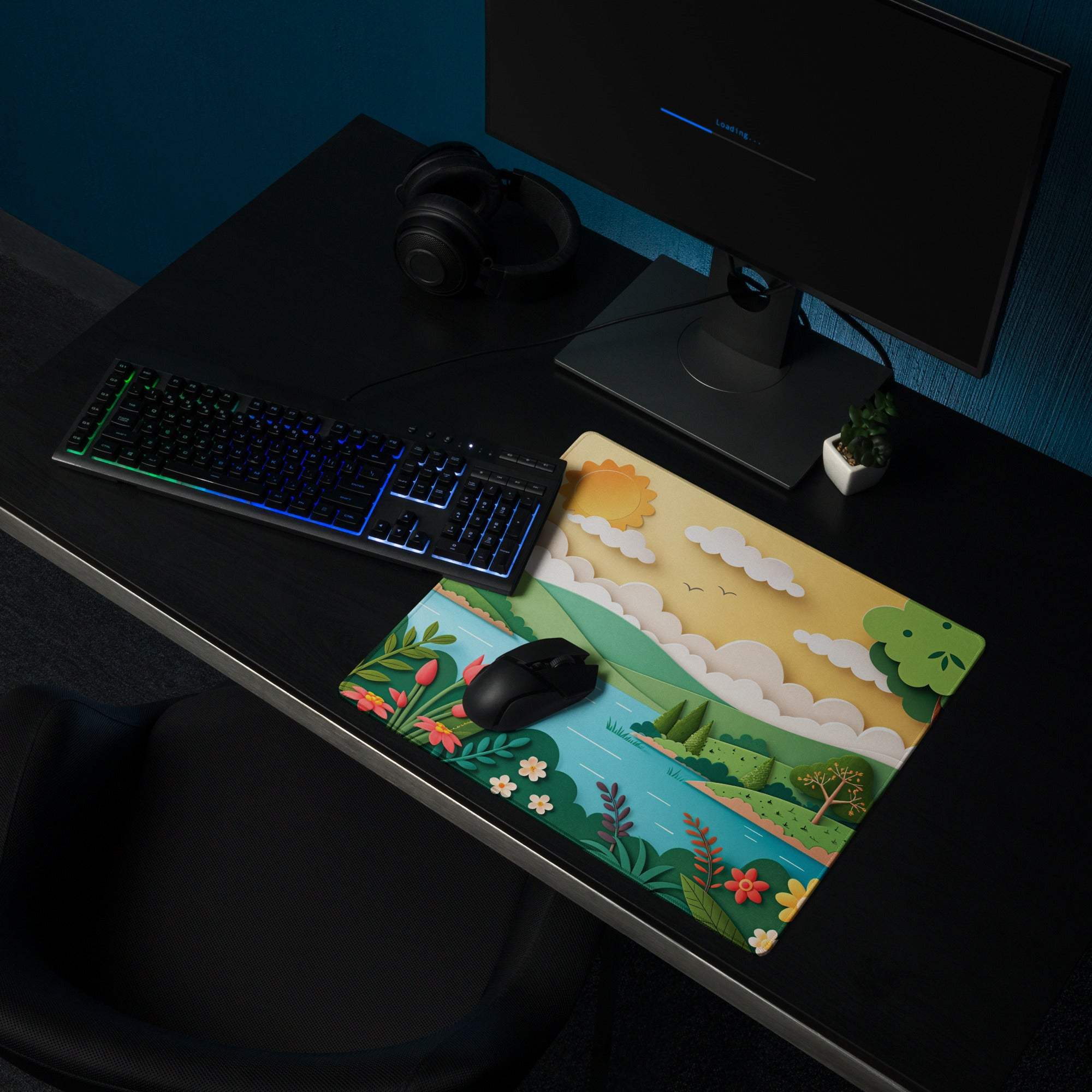 Vibrant nature scene large gaming mouse pad with hills, water, flowers