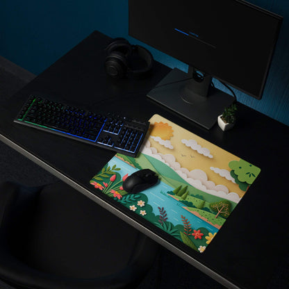 Vibrant nature scene large gaming mouse pad with hills, water, flowers