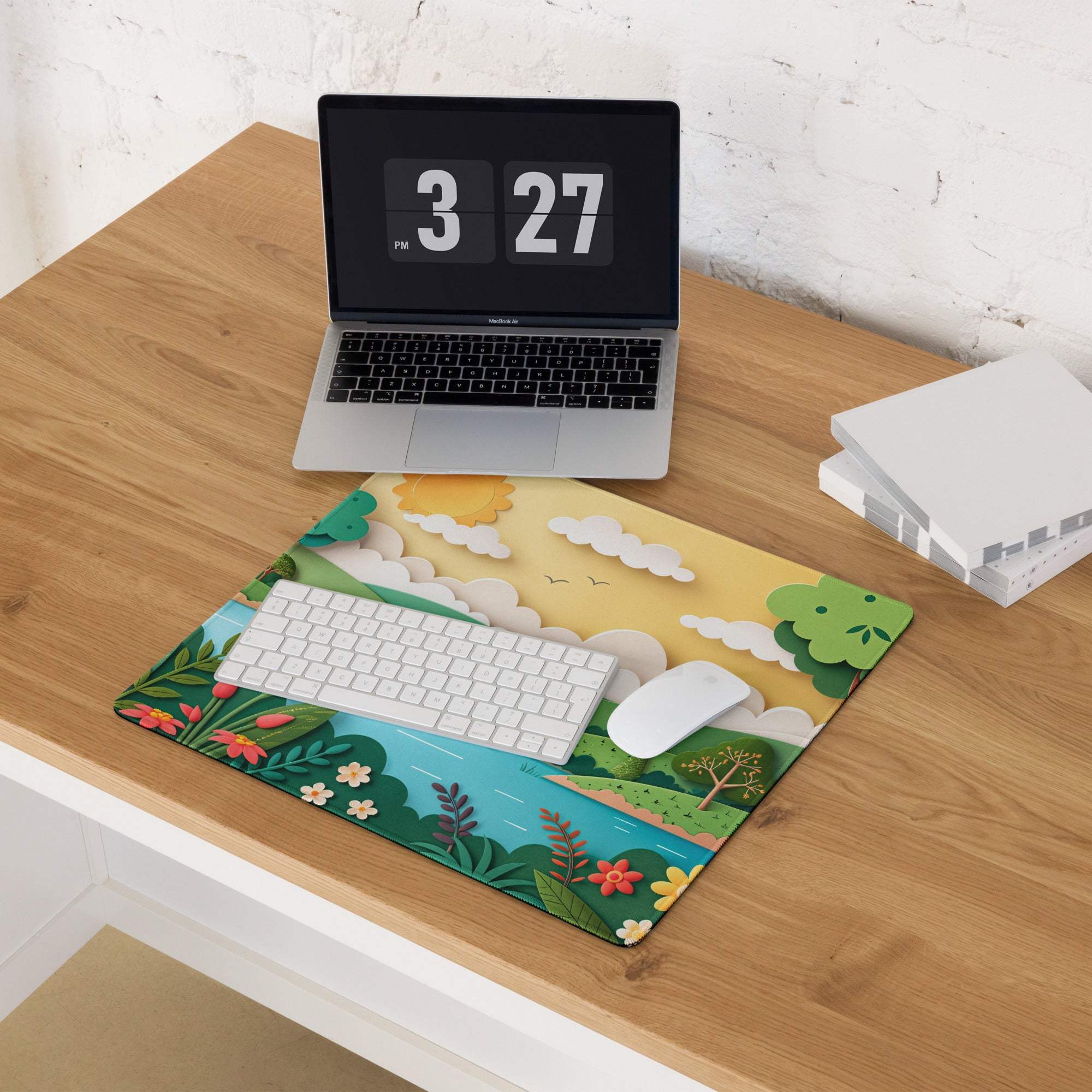 Vibrant nature scene large gaming mouse pad with green foliage and yellow sky