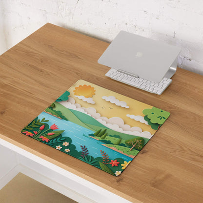 Vibrant layered paper-cut nature scene large gaming mouse pad