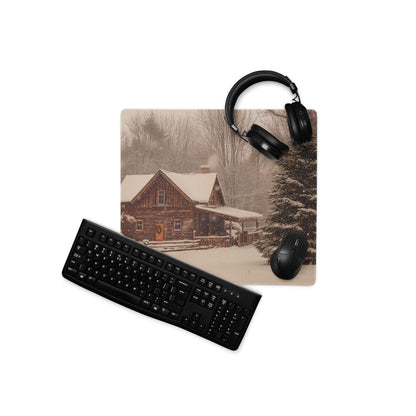 Large rustic winter cabin gaming mouse pad with black keyboard and mouse