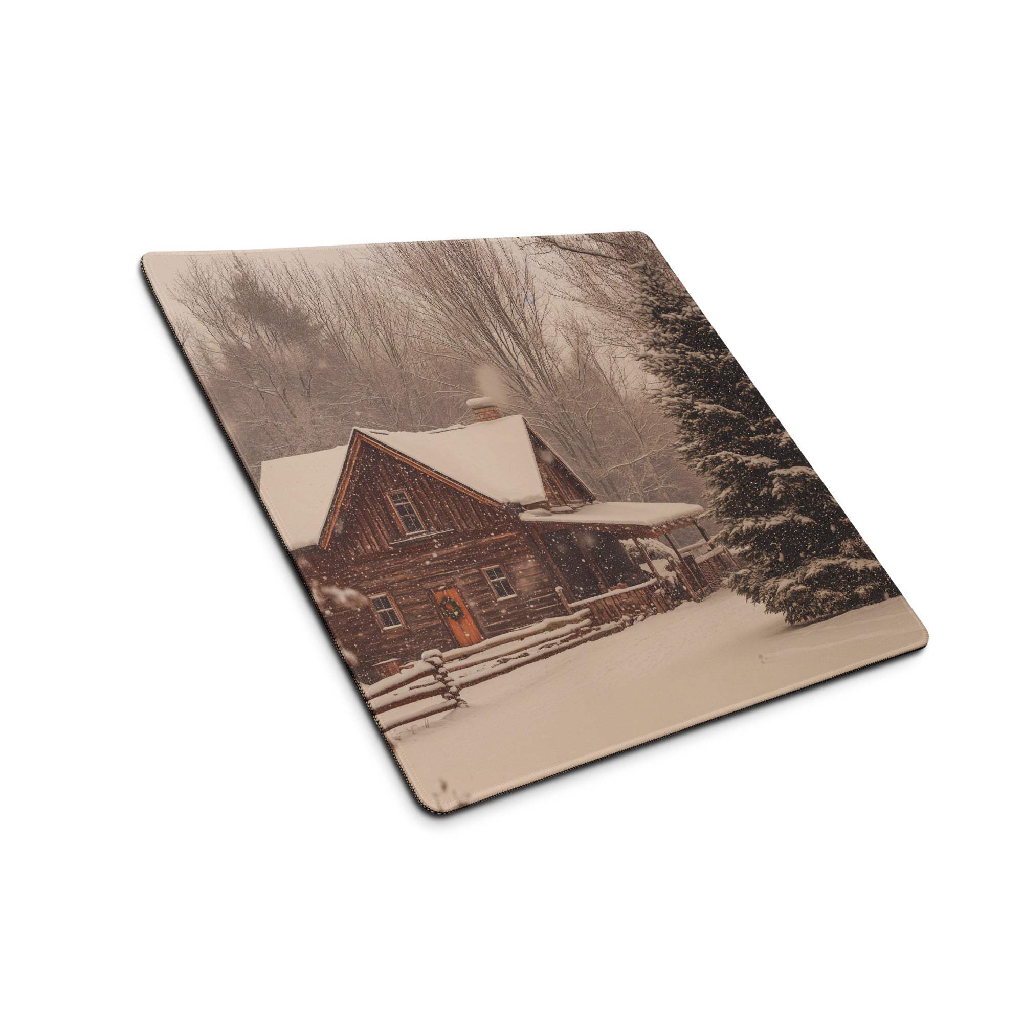 Sepia rustic winter cabin mouse pad with snow-covered log cabin scene