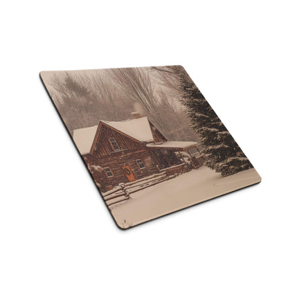 Sepia rustic winter cabin mouse pad with snow-covered log cabin scene