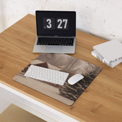 Large rustic winter cabin gaming mouse pad with stitched edges on desk