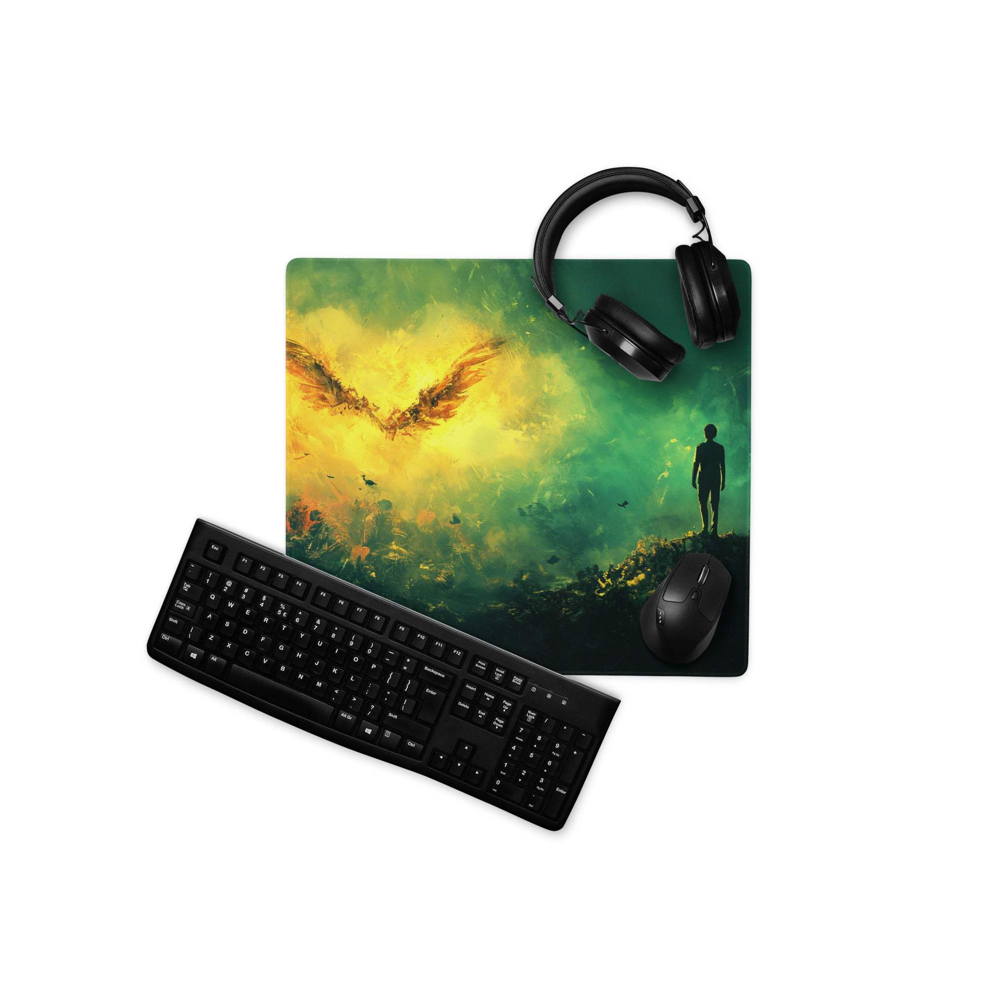 Vibrant green yellow phoenix over cliff gaming mouse pad with walking silhouette