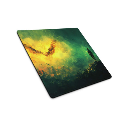 Epic fantasy winged phoenix over cliff gaming mouse pad in vibrant green golden glow