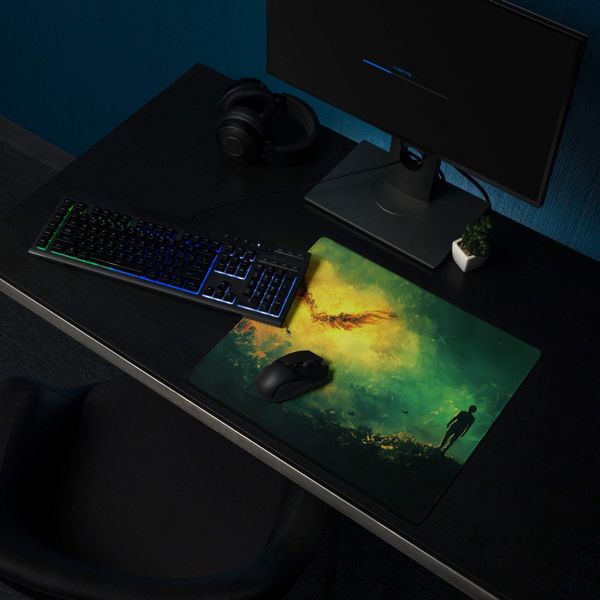 Epic fantasy winged phoenix over cliff in vibrant green golden glow gaming mousepad