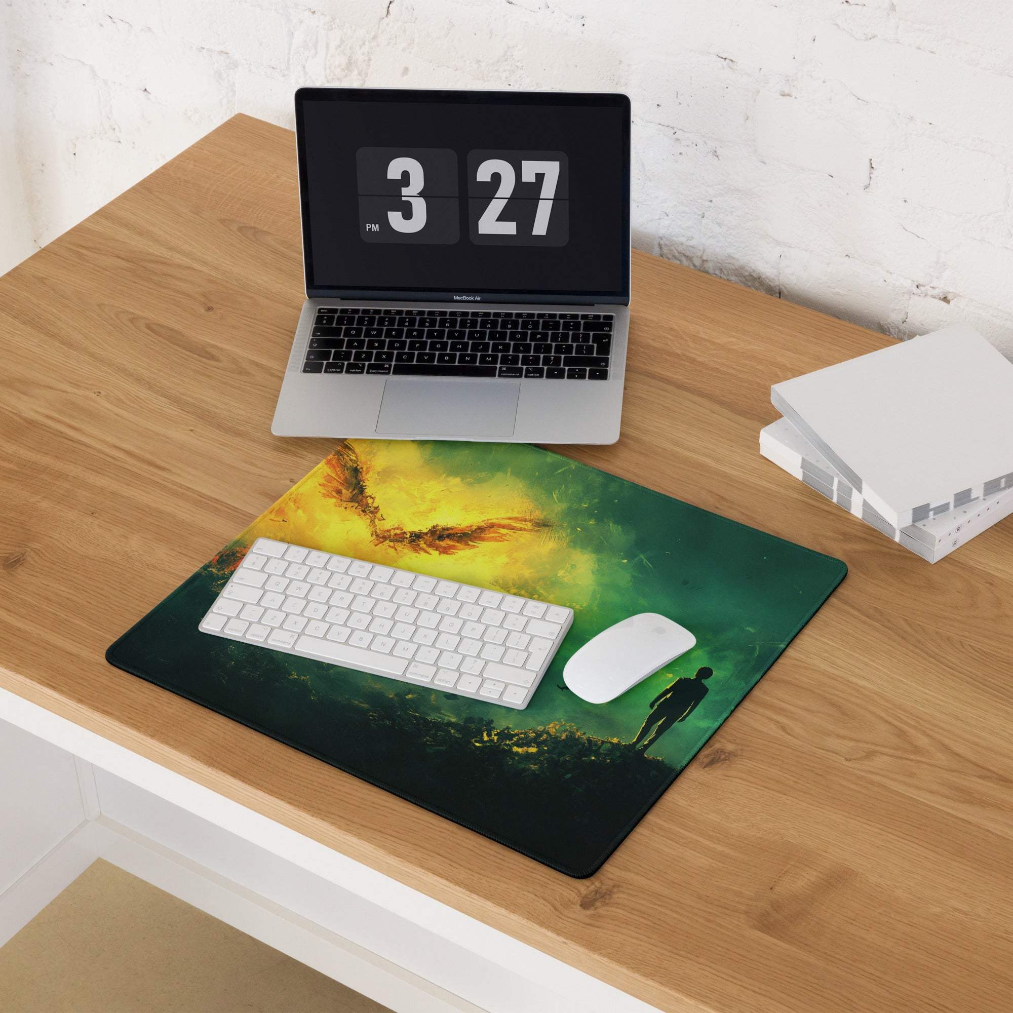 Epic fantasy winged phoenix over cliff gaming mousepad in green yellow glow