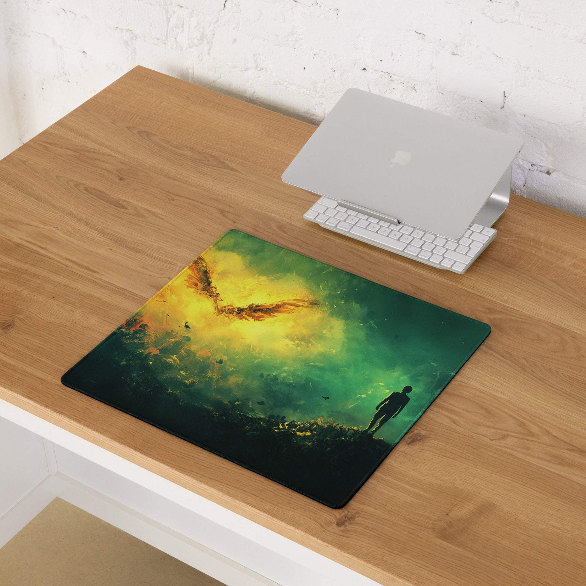 Epic fantasy winged phoenix over cliff gaming mouse pad with vibrant green glow