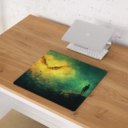 Epic fantasy winged phoenix over cliff gaming mouse pad with vibrant green glow
