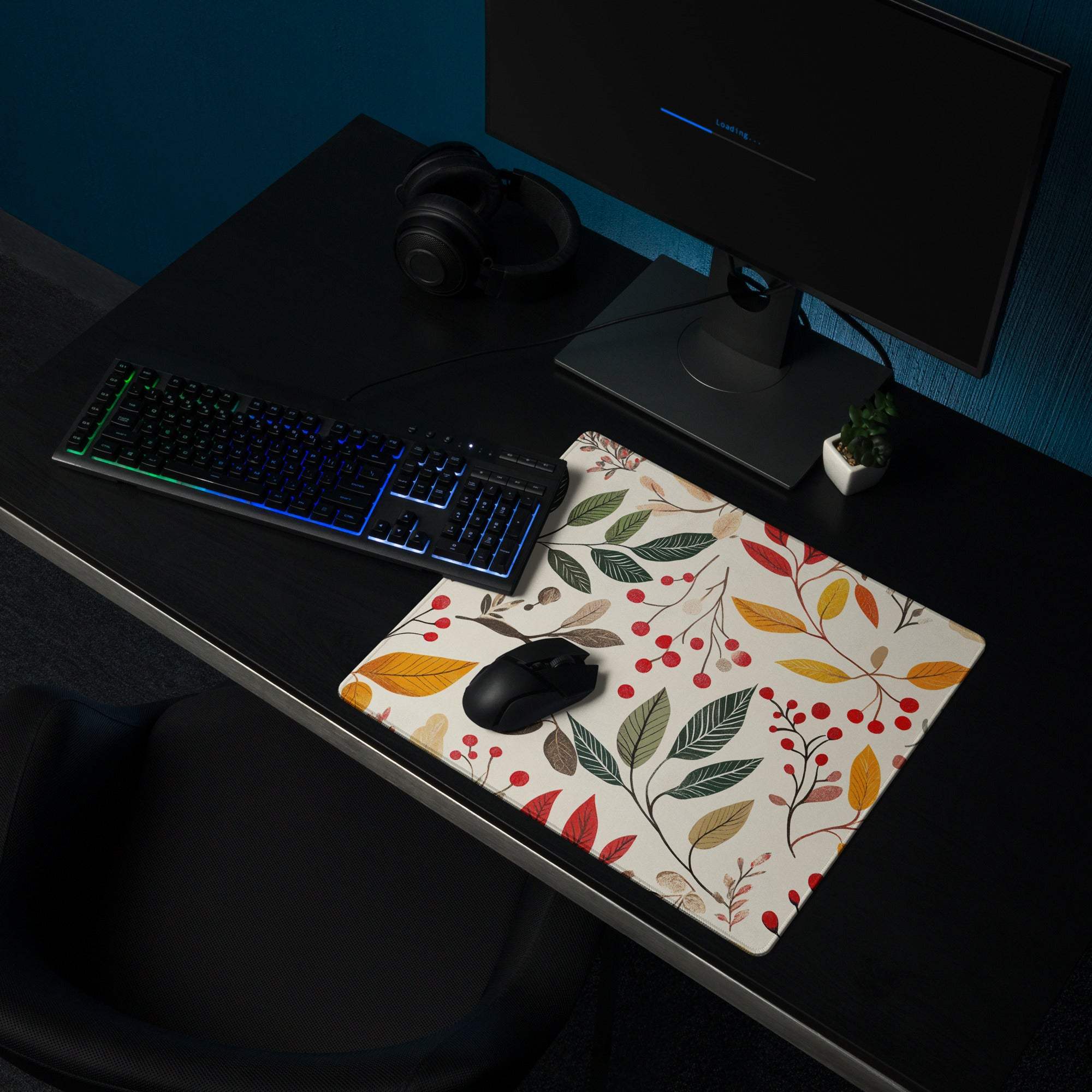 Botanical autumn floral gaming mouse pad with berries, leaves, non-slip base