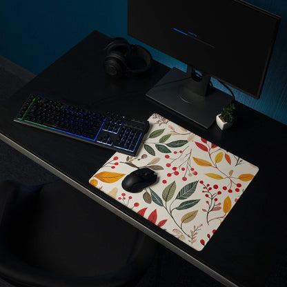 Botanical autumn floral gaming mouse pad with berries, leaves, non-slip base