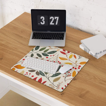Botanical autumn floral gaming mouse pad with leaves, berries, stitched edges, non-slip base