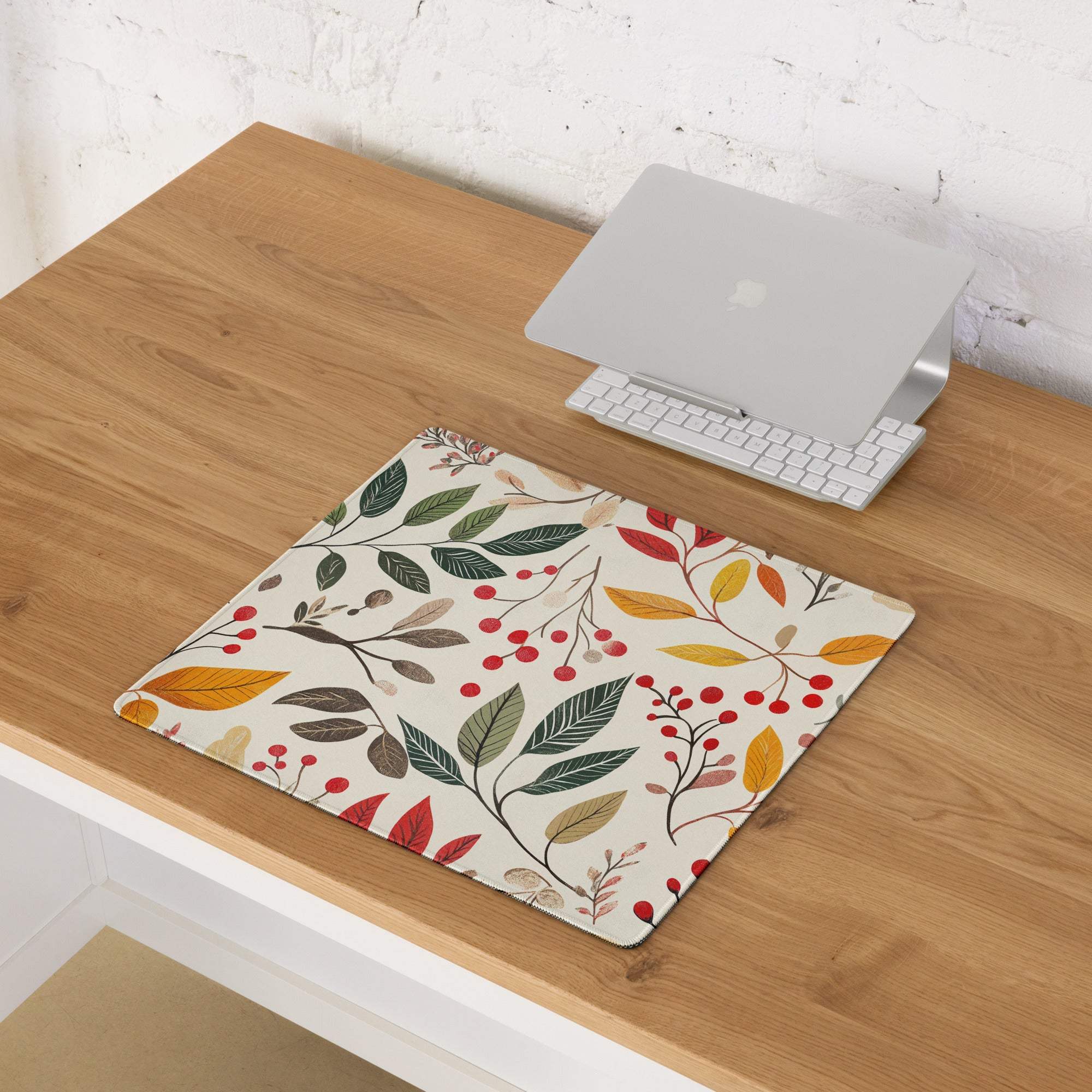 Large botanical autumn floral gaming mouse pad with berries, leaves, non-slip base
