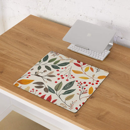 Large botanical autumn floral gaming mouse pad with berries, leaves, non-slip base